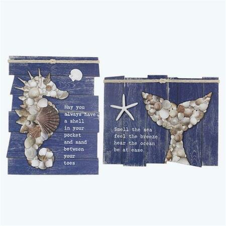 YOUNGS Wood Nautical Wall Sign with Seahorse & Whale Tail, Assorted Color - 2 Piece 61577
